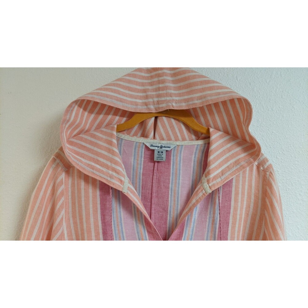 Women's TOMMY BAHAMA Striped Hooded "Lovely Lanes" Linen Blend Baja Top M - Picture 3 of 16